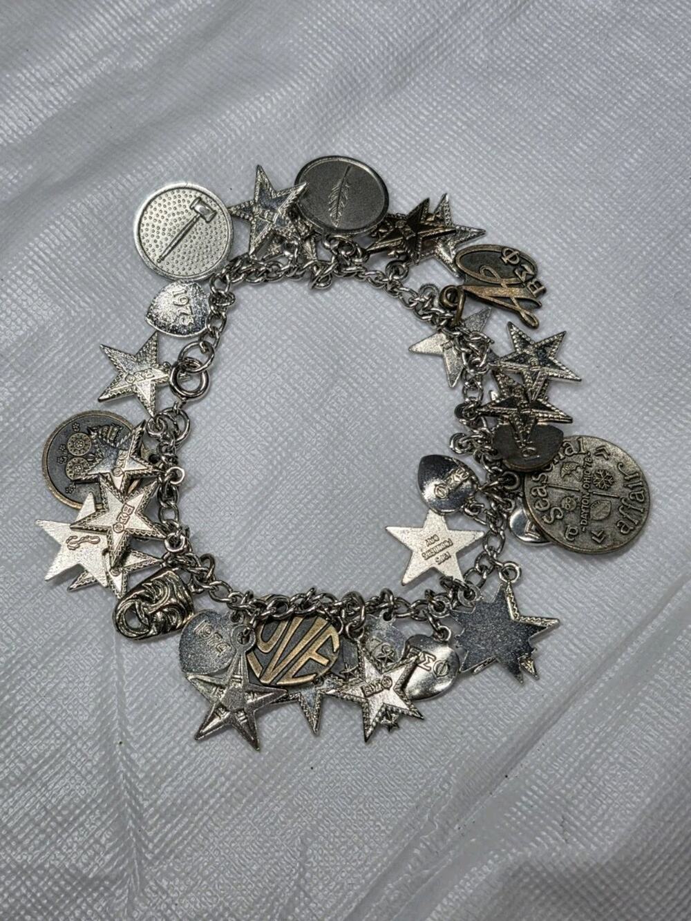 Vintage Beta Sigma Phi Sorority Charm Bracelet Silver Tone Enamel Stars Rose